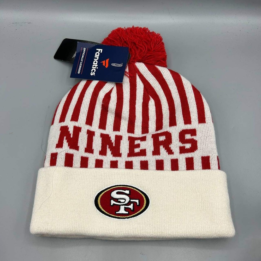 San Francisco 49ers NFL Hat Men Red White Fanatics Cuffed Beanie Pom Pom Cap New